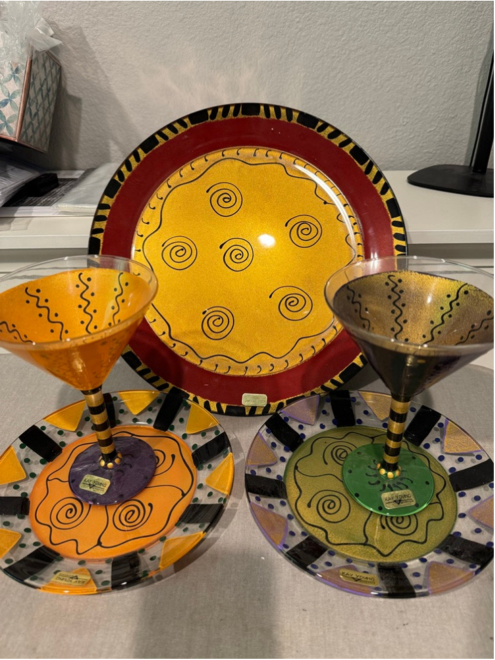 Kay Young serveware decor 5 piece Set Gold Red Black Martini Glasses Plates